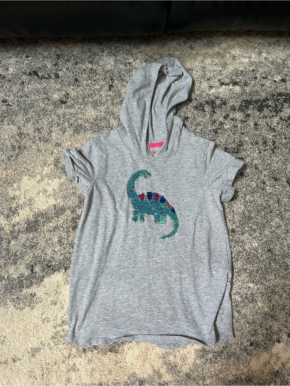 Girls' Gray Hooded Short-Sleeve Top with Sequined Dinosaur
